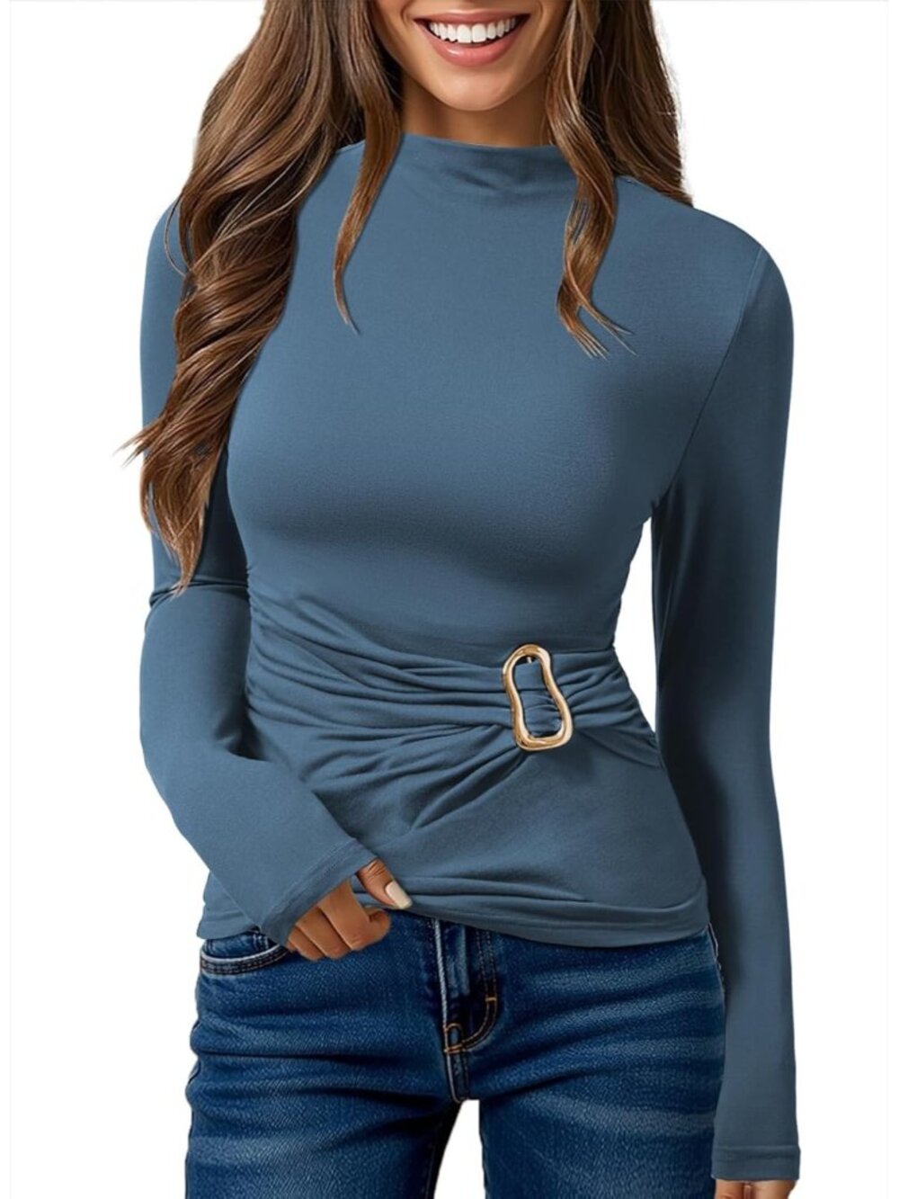 Women's Ashleigh Blue Long Sleeve Mock Neck Ruched Waist Imported Casual Shirt
